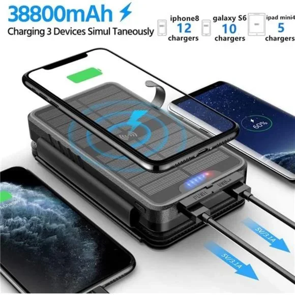 Solar Charger 38800mAh Solar Power Bank with Dual 5V3.1A Outputs 10W Qi Wireless